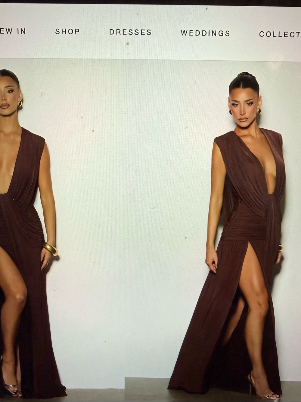Plunging V-Neck Brown High-Slit Evening Gown